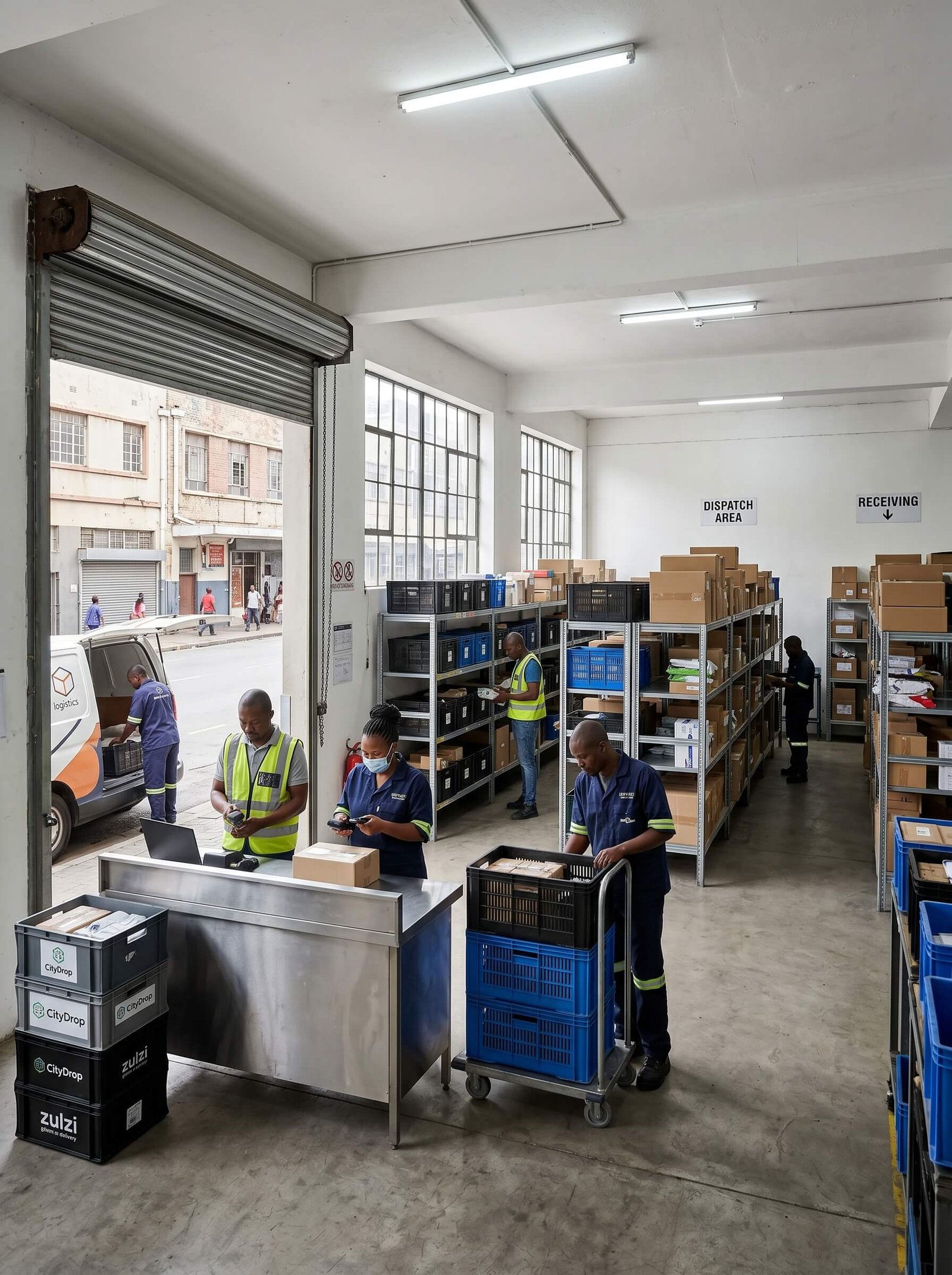 Operational logistics or fulfillment tenant inside a productive ground-floor commercial space.