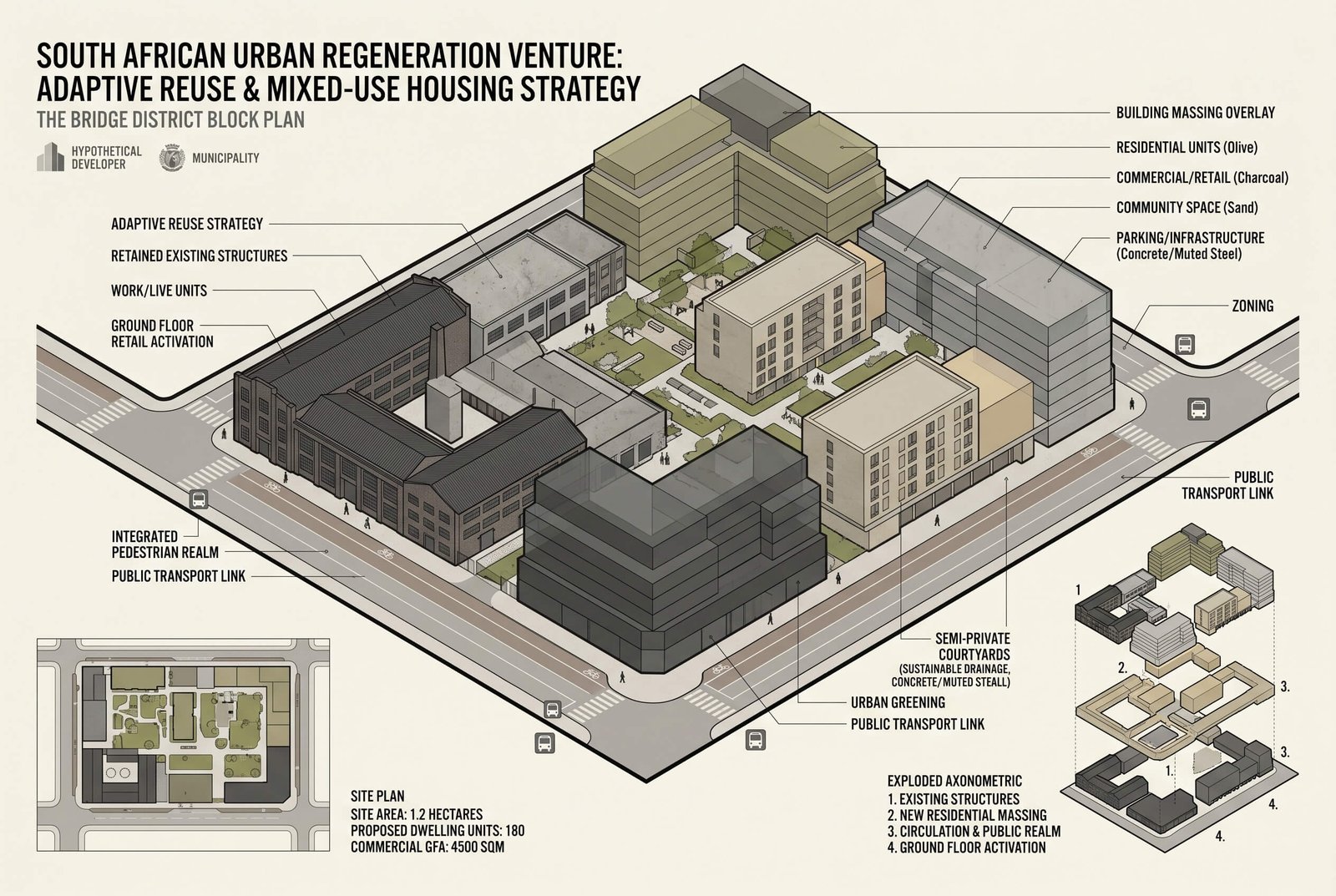Adaptive reuse strategy diagram showing site logic, massing, circulation, and mixed-use activation.
